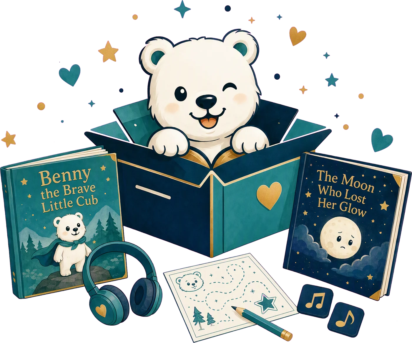 Cartoon bear in a yellow crate with storybooks, activity sheets and headphones